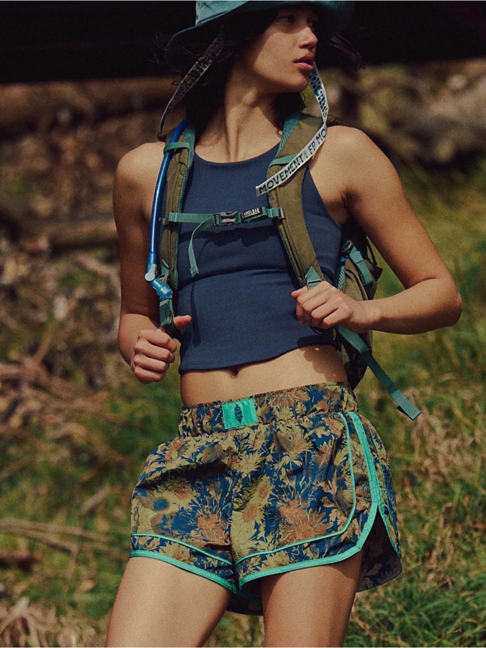 Free People Movement Women's Blue Floral Athletic Shorts with Teal Trim